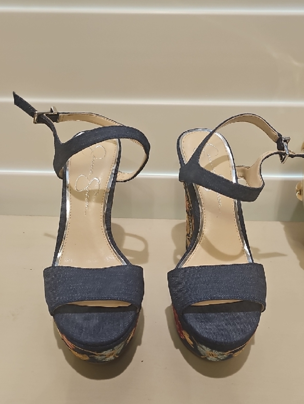 Jessica Simpson Navy Embroidered Platform Sandals - Picture 2 of 3
